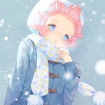  blue_eyes blurry breath buttons coat cold hat long_sleeves looking_at_viewer original pink_hair polka_dot polka_dot_scarf pom_pom_(clothes) saban scarf short_hair snowing solo upper_body wind 