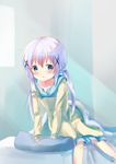  :o arm_support bed bed_sheet blanket blue_eyes blue_hair blush collarbone gochuumon_wa_usagi_desu_ka? hair_ornament hair_ribbon highres indoors kafuu_chino leaning_forward light_rays long_hair long_sleeves looking_at_viewer nightgown on_bed parted_lips pillow piripun ribbon signature solo twintails waking_up window x_hair_ornament 