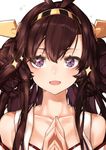  :d ahoge breasts brown_hair cleavage close-up collarbone colored_eyelashes commentary_request detached_sleeves double_bun hands_together highres japanese_clothes kantai_collection kongou_(kantai_collection) leung_ka_che long_hair looking_at_viewer medium_breasts nontraditional_miko open_mouth purple_eyes smile solo sparkle 