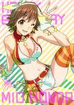  :d ass_visible_through_thighs belt blush bracelet breasts brown_hair character_name cleavage crop_top earrings hair_ribbon happy_birthday headband honda_mio idolmaster idolmaster_cinderella_girls jewelry large_breasts midriff miniskirt one_eye_closed open_mouth ribbon short_hair signature skirt smile solo star star_earrings striped striped_background striped_legwear sunset_nostalgie taku1122 thighhighs wrist_cuffs yellow_eyes 