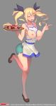  apron bad_id bad_pixiv_id blonde_hair blue_eyes blush breasts breasts_outside cleavage food full_body grey_background hair_ornament hairclip highres large_breasts long_legs m.a.d_mafia_is_all_dead meat nipples open_mouth othel_(hatimorris) plate shoes shorts simple_background solo steak tray twintails watermark 