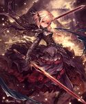  armor armored_boots armored_dress bangs blonde_hair boots breastplate brown_eyes cape company_name dress dual_wielding expressionless gauntlets greaves hair_between_eyes high_heels highres holding holding_sword holding_weapon horns light_particles looking_at_viewer melissa_(shingeki_no_bahamut) official_art runes shingeki_no_bahamut short_hair shoulder_armor solo spaulders stairs sword tachikawa_mushimaro torn_clothes watermark weapon 