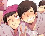  bad_id bad_twitter_id bangs beanie beer_mug blush brothers brown_hair cellphone closed_eyes full-face_blush gradient gradient_background hat hood hoodie looking_back male_focus matsuno_ichimatsu matsuno_karamatsu matsuno_todomatsu messy_hair mito_(mito_1408) multiple_boys one_eye_closed osomatsu-kun osomatsu-san phone pink_eyes self_shot siblings smile swept_bangs v 