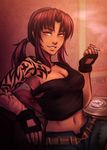  black_lagoon breasts brown_hair cigarette cleavage commentary iahfy light_smile long_hair medium_breasts midriff navel open_fly ponytail revy_(black_lagoon) shorts sidelocks sitting smoking solo strap_slip tank_top tattoo unzipped yellow_eyes 