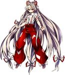  absurdly_long_hair baba_(baba_seimaijo) bow downscaled fujiwara_no_mokou full_body hair_bow hair_ornament long_hair looking_at_viewer md5_mismatch ofuda pants puffy_pants red_eyes resized shirt shoes short_sleeves silver_hair solo suspenders torn_clothes torn_sleeves touhou transparent_background very_long_hair wrist_cuffs 