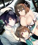  2girls admiral_(kantai_collection) black_gloves blue_eyes blush breasts brown_hair commentary gloves hair_ornament hat headgear hews_hack if_they_mated kantai_collection large_breasts maya_(kantai_collection) military military_uniform multiple_girls naval_uniform remodel_(kantai_collection) school_uniform serafuku short_hair smile uniform v younger 