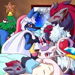  christmas_tree closed_eyes furry gen_1_pokemon gen_4_pokemon gen_5_pokemon gift hat heart highres indoors lucario master_ball mienshao no_humans ornament poke_ball pokemon pokemon_(creature) riolu sack santa_hat shiongaze sleeping snowing staryu window zoroark zorua 