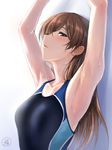  alternate_color armpits arms_up breasts brown_eyes brown_hair competition_swimsuit idolmaster idolmaster_cinderella_girls idolmaster_cinderella_girls_starlight_stage long_hair medium_breasts nitta_minami one-piece_swimsuit solo swimsuit ulrich_(tagaragakuin) 