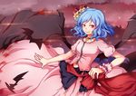  adapted_costume alternate_costume alternate_hairstyle bat bat_wings blue_hair choker fang flower hair_flower hair_ornament highres puffy_sleeves red_eyes remilia_scarlet ribbon sash shirt short_hair short_sleeves skirt skirt_set smile solo suo_niao touhou wings wrist_cuffs 