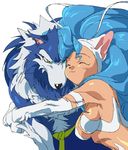  :3 animal_ears big_hair blue_hair cat_ears cat_girl closed_eyes felicia fur gallon happy highres home_(houmei) hug long_hair vampire_(game) werewolf 