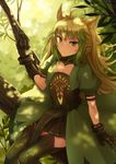  ahoge animal_ears armor atalanta_(fate) bangs black_gloves blonde_hair braid cat_ears closed_mouth dress expressionless eyebrows eyebrows_visible_through_hair fate/apocrypha fate_(series) fingernails gloves gradient_hair green_eyes green_hair half_updo highres in_tree long_hair looking_at_viewer multicolored_hair outdoors pleated_dress puffy_short_sleeves puffy_sleeves shade sharp_fingernails short_sleeves sitting solo thighhighs tree tree_shade two-tone_hair yuemanhuaikong 