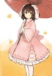  adapted_costume alternate_costume animal_ears black_hair blush brown_eyes bunny_ears colorized dress gradient gradient_background inaba_tewi inazakura00 jewelry layered_dress long_sleeves looking_at_viewer necklace oriental_umbrella pink_dress ribbon short_hair sketch smile solo touhou umbrella white_legwear wide_sleeves 