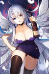  ahoge alcohol ass_visible_through_thighs bangs black_legwear blue_eyes bottle breasts choker cleavage d: dress feathers floating_hair holding holding_bottle jacket_on_shoulders lace lace-trimmed_dress large_breasts long_hair long_sleeves magic_circle open_mouth purple_dress short_dress sigma_(sword_girls) silver_hair solo strapless strapless_dress sword_girls thighhighs upskirt very_long_hair white_hair white_wings whoisshe wine wine_bottle wings 