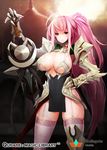  1girl armor armored_boots blush boots breasts cloud cloudy_sky embarrassed gauntlets gloves huge_breasts large_breasts long_hair pink_hair qurare_magic_library red_eyes sky snowball22 solo sword thighhighs weapon 