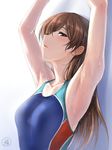  armpits arms_up breasts brown_eyes brown_hair competition_swimsuit idolmaster idolmaster_cinderella_girls idolmaster_cinderella_girls_starlight_stage long_hair medium_breasts nitta_minami one-piece_swimsuit solo swimsuit ulrich_(tagaragakuin) 