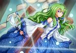  blue_eyes chromatic_aberration detached_sleeves frog_hair_ornament gohei green_hair hair_ornament hair_tubes highres japanese_clothes kochiya_sanae long_hair long_sleeves looking_at_viewer miko onbashira shirt skirt snake_hair_ornament solo suo_niao touhou wide_sleeves 