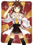  blue_eyes brown_hair grin hairband hand_on_hip hatakamo_sayaka headgear japanese_clothes kantai_collection kongou_(kantai_collection) long_hair nontraditional_miko open_mouth salute skirt smile solo 