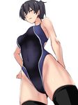  alternate_costume arm_at_side black_eyes black_hair black_legwear blue_swimsuit competition_swimsuit from_below hand_on_hip jitome kaga_(kantai_collection) kantai_collection looking_at_viewer one-piece_swimsuit parted_lips short_hair side_ponytail skindentation solo swimsuit ulrich_(tagaragakuin) 