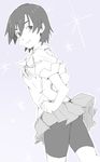  bike_shorts from_behind gedou_(ge_ge_gedou) greyscale hand_on_hip kanbaru_suruga looking_at_viewer monochrome monogatari_(series) school_uniform short_hair solo 