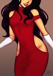 asami_sato avatar_(series) black_hair breasts cowboy_shot dress elbow_gloves gloves groin head_out_of_frame hip_vent iahfy lipstick long_hair makeup medium_breasts no_panties red_dress revealing_clothes side_cutout sleeveless sleeveless_dress smile solo the_legend_of_korra turtleneck white_gloves 