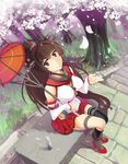  breasts brown_eyes brown_hair cherry_blossoms grass highres kaizi_(252164hxk) kantai_collection large_breasts long_hair parasol ponytail ramune single_thighhigh skirt smile solo stairs stone_stairs thigh_strap thighhighs umbrella very_long_hair yamato_(kantai_collection) 