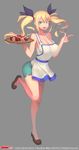  apron bad_id bad_pixiv_id blonde_hair blue_eyes breasts cleavage food full_body grey_background hair_ornament hairclip highres large_breasts long_legs m.a.d_mafia_is_all_dead meat open_mouth othel_(hatimorris) plate shoes shorts simple_background solo steak tray twintails watermark 