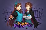  1girl 8c bill_cipher blue_eyes brother_and_sister brown_hair cape crossed_arms dark_persona dipper_gleeful dipper_pines formal gravity_falls hairband halloween happy_halloween mabel_gleeful mabel_pines puffy_sleeves reverse_pines siblings twins vest 