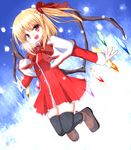  alternate_costume black_legwear blonde_hair blue_background blush boots breath capelet crystal dress dutch_angle flandre_scarlet full_body hair_ornament hair_ribbon jumping long_sleeves misoshiru_(meridianchild312) no_hat no_headwear open_mouth red_dress red_eyes ribbon short_hair side_ponytail smile snowing solo thighhighs touhou wings zettai_ryouiki 