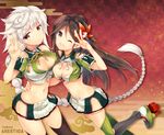  amagi_(kantai_collection) ariko_youichi asymmetrical_hair braid breasts brown_eyes brown_hair cleavage cleavage_cutout cloud_print crop_top flower hair_between_eyes hair_flower hair_ornament hand_on_another's_hip jitome kantai_collection large_breasts long_hair looking_at_viewer midriff miniskirt mole mole_under_eye multiple_girls navel one_eye_closed open_mouth pleated_skirt ponytail remodel_(kantai_collection) silver_hair single_braid skirt thighhighs unryuu_(kantai_collection) v v_over_eye very_long_hair yellow_eyes zettai_ryouiki 