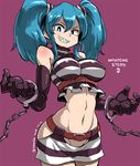  2015 bad_id bad_pixiv_id bare_hips belt blue_eyes blue_hair breasts character_request covered_nipples cowboy_shot cuffs dated elbow_gloves gloves groin hair_between_eyes handcuffs hips large_breasts looking_at_viewer looking_down mahjong_monogatari miniskirt mizuno_(okn66) navel no_panties open_hands purple_background purple_gloves revealing_clothes sharp_teeth shiny shiny_clothes shiny_hair shirt sidelocks simple_background skirt sleeveless sleeveless_shirt solo striped striped_shirt striped_skirt teeth thighs toned turtleneck twintails twitter_username 