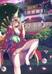  absurdres animal_ears architecture arm_support ball bangs bare_shoulders blonde_hair blue_fire braid breasts cleavage east_asian_architecture eyebrows fingernails fire flower fox_ears fox_tail grass hair_between_eyes hair_ornament hair_ribbon highres index_finger_raised japanese_clothes kimono knot kyona_(konakona) large_breasts long_fingernails long_hair multicolored multicolored_eyes night night_sky obi off_shoulder oriental_umbrella original outdoors pavement petals ribbon sash short_kimono sitting sky sliding_doors smile solo stairs tail thighs umbrella upskirt very_long_hair x_hair_ornament 