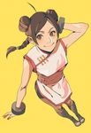  bayneezone bike_shorts bracelet brown_eyes brown_hair chinese_clothes double_bun fishnets jewelry naruto:_the_last naruto_(series) simple_background solo tenten yellow_background 