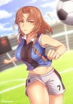  ball bare_arms bare_shoulders braid brown_eyes brown_hair collared_shirt cowboy_shot emblem expressionless hananon jersey long_hair navel original parted_lips running scoreboard shirt shorts single_braid sleeveless sleeveless_shirt soccer soccer_ball soccer_field solo sportswear stadium stomach striped striped_shirt telstar white_shorts 