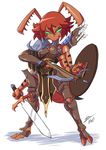  antennae armor bad_id bad_tumblr_id bigdead93 bikini_armor borrowed_character bow_(weapon) breasts crossbow dual_wielding eyebrows full_body greaves green_eyes highres holding insect_girl loincloth medium_breasts multiple_arms no_pupils original pauldrons red_hair red_skin shield solo sword vambraces weapon 
