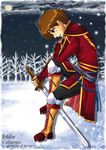  artist_request boots brown_hair character_name cloud cloudy_sky coat copyright_name edward_(fire_emblem) fire_emblem fire_emblem:_akatsuki_no_megami forest full_moon gloves long_sleeves looking_down male_focus moon nature night night_sky pants sky snow snowflakes snowing solo sword weapon 