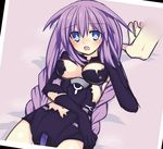  1girl :o bangs bed_sheet blue_eyes blush braid breasts breasts_apart cleavage cowboy_shot from_above gloves hair_between_eyes hair_ornament hand_on_hip highres hips imminent_rape leotard long_hair looking_at_viewer lying magical_girl medium_breasts meimu_(infinity) navel neptune_(series) no_bra on_back on_bed open_mouth photo_(object) pov power_symbol purple_hair purple_heart raised_eyebrows sidelocks sketch solo_focus symbol-shaped_pupils tears torn_clothes torn_leotard turtleneck twin_braids very_long_hair 