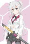  black_legwear bow cowboy_shot gakusen_toshi_asterisk grey_eyes grey_hair hiraba_6018 long_hair looking_at_viewer pleated_skirt school_uniform sheath sheathed skirt smile solo sword toudou_kirin weapon 