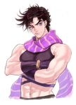  bad_id bad_pixiv_id black_hair brown_hair crossed_arms jojo_no_kimyou_na_bouken joseph_joestar_(young) macaroni_(piyo4508) male_focus midriff scarf solo 