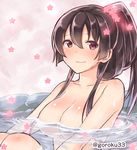  56_(goroku33) bad_id bad_pixiv_id bathing brown_eyes brown_hair convenient_censoring kantai_collection long_hair nude ponytail solo water yamato_(kantai_collection) 