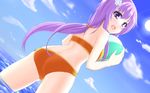  ass ball beach beachball bikini blush cloud d-pad d-pad_hair_ornament day hair_ornament long_hair looking_back nepgear neptune_(series) ocean outdoors ponytail purple_eyes purple_hair sawaki_koma sky solo sun swimsuit 