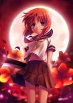  album_cover blue_eyes cover ekusa_takahito hatchet highres higurashi_no_naku_koro_ni midriff moon nose_hatchet official_art orange_hair red_moon ryuuguu_rena scan school_uniform serafuku short_hair solo weapon wind 