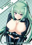  breasts cleavage green_hair green_heart large_breasts long_hair looking_at_viewer neptune_(series) ponytail purple_eyes sawaki_koma smile solo symbol-shaped_pupils very_long_hair 