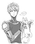  artist_request black_sclera cape cat cosplay cyborg earrings english genos greyscale jewelry male_focus mechanical_arms monochrome one-punch_man saitama_(one-punch_man) saitama_(one-punch_man)_(cosplay) signature solo stud_earrings upper_body 