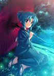  aqua_eyes aqua_hair cloud ekusa_takahito feet grass hair_bun highres higurashi_no_naku_koro_ni japanese_clothes kimono looking_at_viewer official_art sandals sitting sky solo sonozaki_mion toes tree umbrella 