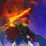  armor blue_eyes cape fighting_stance fingerless_gloves fire fire_emblem fire_emblem:_fuuin_no_tsurugi flaming_sword gloves headband holding holding_weapon kaito_(sawayakasawaday) male_focus red_hair roy_(fire_emblem) short_sleeves smile solo sword weapon 