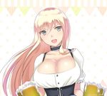  alcohol alternate_costume beer beer_mug bismarck_(kantai_collection) blonde_hair blue_eyes blush breasts cleavage cup dirndl eko german_clothes holding holding_cup kantai_collection large_breasts long_hair looking_at_viewer oktoberfest open_mouth smile solo 