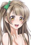  :d bangs bow brown_eyes brown_hair finger_to_chin green_bow hair_bow long_hair looking_at_viewer love_live! love_live!_school_idol_project minami_kotori nail_polish nanno_koto nude one_side_up open_mouth pink_nails smile solo upper_body white_background 