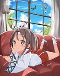  aircraft airplane bangs blue_eyes blue_sky brown_hair cloud cross-laced_clothes curtains day enemy_aircraft_(kantai_collection) hair_ornament head_rest headband highres indoors kanisaka_shizuku kantai_collection lamp long_hair long_sleeves looking_at_viewer lying no_shoes on_stomach parted_bangs shinkaisei-kan sky smile socks solo white_legwear wide_sleeves window zuihou_(kantai_collection) 