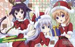  :d :o belt blue_eyes blue_hair bow box christmas gift gift_box gochuumon_wa_usagi_desu_ka? hair_ornament hat hat_bow highres hoto_cocoa kafuu_chino long_hair looking_at_viewer multiple_girls open_mouth polka_dot polka_dot_bow purple_eyes purple_hair santa_costume santa_hat short_hair smile tedeza_rize tippy_(gochiusa) tsutsumiya_noriko x_hair_ornament 