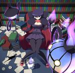  bob_cut book breasts chandelure cleavage elite_four fire gen_5_pokemon ghost glasses highres ink lampent large_breasts library litwick looking_at_viewer pantyhose paper pen pokemon pokemon_(creature) pokemon_(game) pokemon_bw purple_eyes purple_fire purple_hair purple_skirt round_eyewear shikimi_(pokemon) short_hair sitting skirt tm_(hanamakisan) 